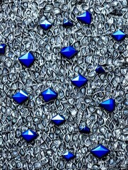 실버 메탈 배경에 dark blue 유리 조각이 보석 처럼 빛나는 입체적인 메탈 아트. Ai 생성