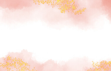 Abstract watercolor background with pink color and golden glitters on white space. Use as wedding card or any other background stuff.