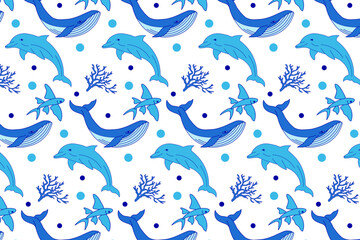 dolphins and whales seamless vector pattern on white background