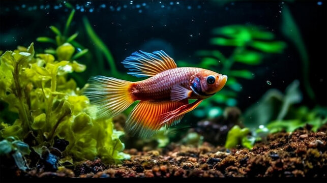 A betta fish splendens, guppies in the aquarium with plants and stones. Colorful betta photo. Generative Ai.