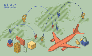 International logistic company worldwide operations with cargo distribution shipment and transportations. Isometric projection with a plane, parcels, and a map with locations	