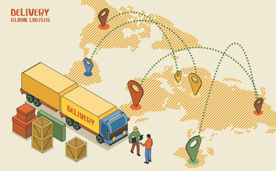 International logistic company worldwide operations with cargo distribution shipment and transportations. Isometric projection with a delivery van, parcels, and a map with locations
