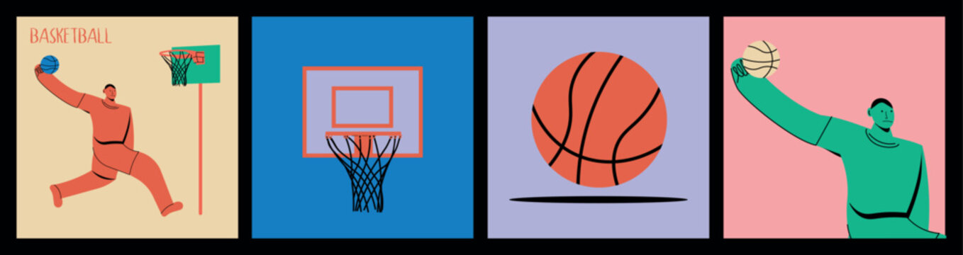 Basketball-themed set: basketball player, ball, basket