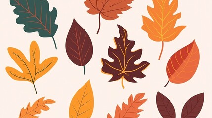 Obraz premium Autumn leaves set. Autumnal yellow leaf, forest nature orange leafage and september red leaves. Chestnut, dog rose and viburnum or foliage leaf. Flat isolated icons, generate ai