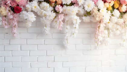 Flower texture background for wedding scene. Flowers on white brick wall with free space for text. Wedding or party decoration. Floral arrangement, floristics setting, generate ai