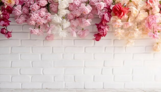 Flower texture background for wedding scene. Flowers on white brick wall with free space for text. Wedding or party decoration. Floral arrangement, floristics setting