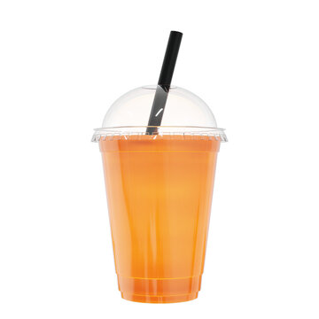 3d orange juice in a plastic cup with a straw on isolated background. 3d rendering illustration.
