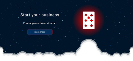 Business startup concept Landing page screen. The white seven of spades playing card on the right. Vector illustration on dark blue background with stars and curly clouds from below