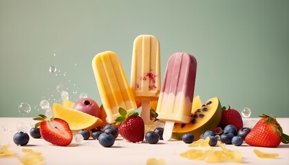 Levitating ice cream popsicles with fruit and berries on pastel background, free copyspace for text. Flying ice cream, summer dessert, frozen fruit juice. 