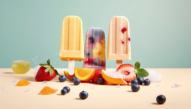 Levitating ice cream popsicles with fruit and berries on pastel background, free copyspace for text. Flying ice cream, summer dessert, frozen fruit juice. AI generated image