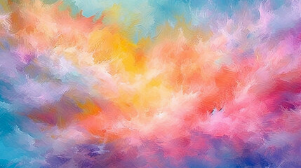 Fototapeta na wymiar Colorful watercolor background with painted sunset sky colors of pink blue purple green and yellow, abstract beautiful painting for banner, template, wallpaper. Generative Ai.