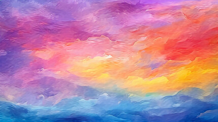 Colorful watercolor background with painted sunset sky colors of pink blue purple green and yellow, abstract beautiful painting for banner, template, wallpaper. Generative Ai.