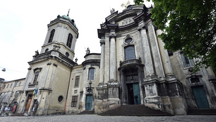 Fototapeta na wymiar The Dominican Church or Church of the Holy Eucharist in the central part of Lviv. entrance to the church. is also known as Lvov. European city. beautiful old building. Editorial, Ukraine, Lviv 2023