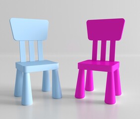 Blue and pink color plastic chair children to sit and play in the kindergarten or to place in the children's room. Kindergarten chair.