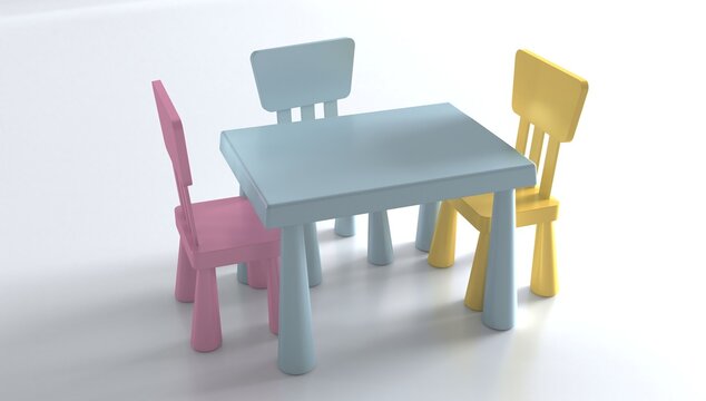 Colorful plastic set for children to sit and play in the kindergarten or to place in the children's room. Grey children table with two plastic chairs isolated on white background. 3d rendering.