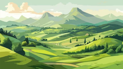 Tuinposter vector image of the mountain landscape and a river across the green fields © bannafarsai