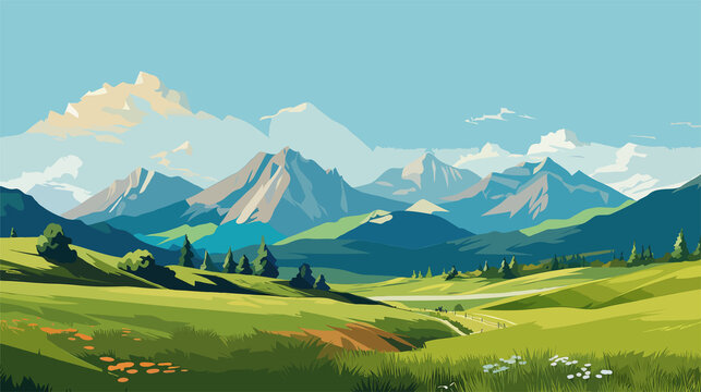 vector image of the mountain landscape and a river across the green fields