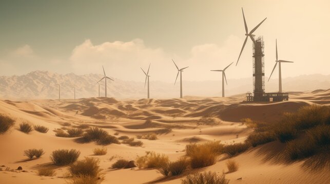 Wind turbines in the desert, renewable energy concept. Generative AI