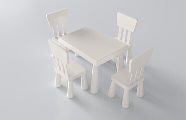 White plastic set for children to sit and play in the kindergarten or to place in the children's room. White children table with two plastic chairs isolated on white background. 3d rendering.