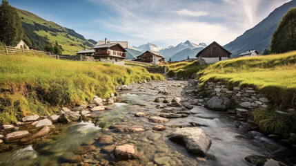 Swiss landscape with river stream and houses. Generative AI