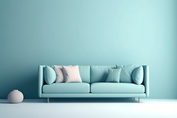 Soft blue sofa on a blue background, 3D illustration, Modern minimalistic living room interior detail. Cosiness, social media and sale concept, creative advertisement idea, AI generated image.