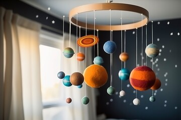 Solar system made of felt, hanging mobile above the baby crib, child toys, science for infants. Baby crib mobile with stars, planets and moon. First baby eco-friendly toys. AI generated image.