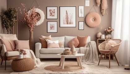 Fototapeta na wymiar Stylish and modern boho inspired living room with carpet, rattan furniture, pillows, plants, photo wall decoration and personal accessories. Natural home decor, boho room interior, AI generated image