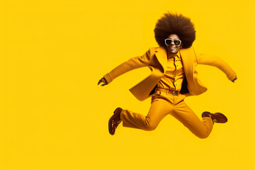 Fototapeta na wymiar A man in a yellow suit jumping in the air. Generative AI.