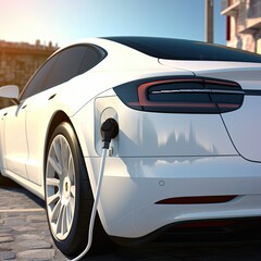 Electric car with opened charging socket cap and charger plugged in, at a public electric charging station. Generative AI technology