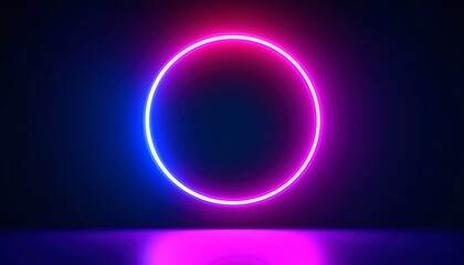 3d render, abstract cloud illuminated with neon light ring on dark night sky. Glowing geometric shape, round frame, generate ai