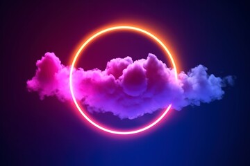 3d render, abstract cloud illuminated with neon light ring on dark night sky. Glowing geometric shape, round frame, generate ai