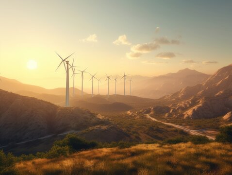 Wind turbines on beautiful sunny summer autumn mountain landsape. Generative AI