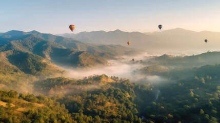 Obraz premium Colorful hot air balloons flying over mountain. Generative AI