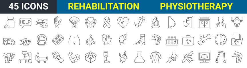 Set of 45 Physiotherapy, rehabilitation icons. Prosthetics Vector Illustration. medicine and health flat design signs and symbols with elements for mobile concepts and web apps.