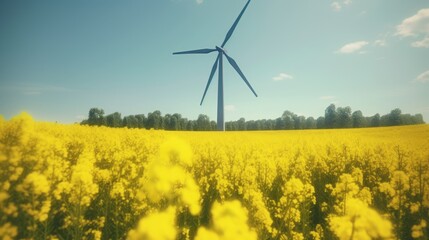 Wind turbine in a yellow flower field, Alternative energy. Generative AI