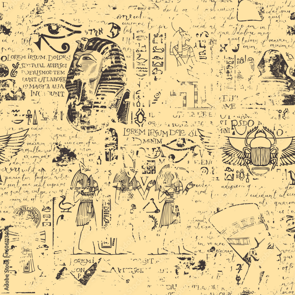 Poster seamless pattern on an ancient egypt theme with color images of egyptian gods and handwritten text l