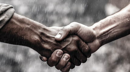 Men shaking hands in the rain. Truce of the parties, a symbol of peace