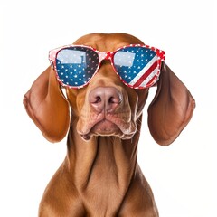 Vizsla Dog with 4th of July American Flag sunglasses on a white background isolated