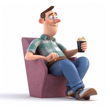 3d illustration of a man watching movie while sitting on the chair and holding popcorn created with generative AI
