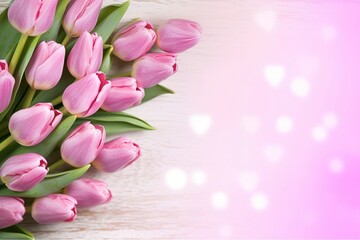 Wooden pink background with fresh spring tulips and empty copy space heart shape decoration