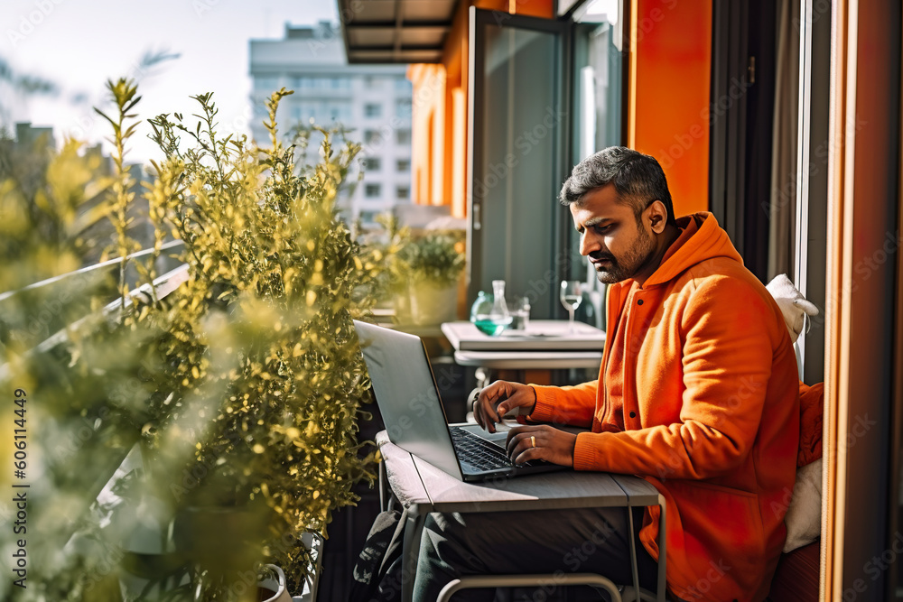 Poster a man sitting at a table using a laptop computer. generative ai. professional freelancer working fro