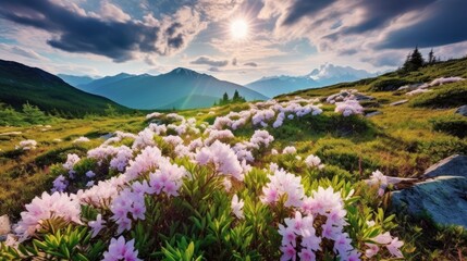 Fototapeta na wymiar Fields of flowers in the mountains. Generative AI