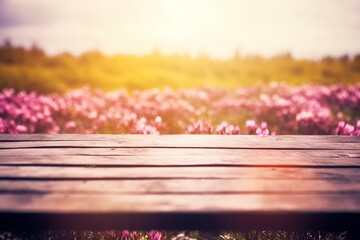 Wooden Board With Erica Flower Field As Background, Ruby Retro Filter  - obrazy, fototapety, plakaty
