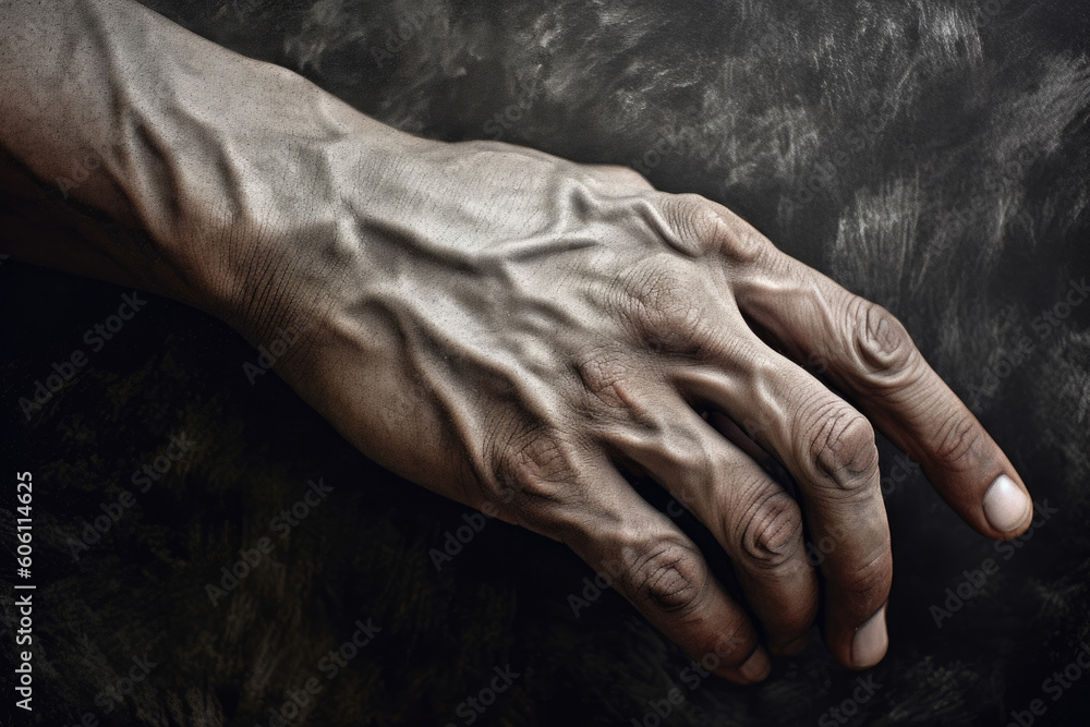 Poster his hands quick and sure as he traces a finger across his body.. ai generation. generative ai