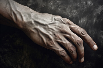 His hands quick and sure as he traces a finger across his body.. AI generation. Generative AI