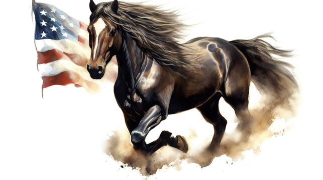 A painting of a horse running in front of an american flag. Generative AI.