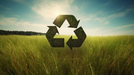 Naklejka premium Recycle symbol on the green grass, sustainable and eco environment concept. Generative AI