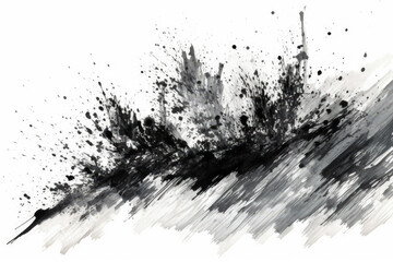 A textured black and white cityscape painting with brush strokes and splashes. Generative AI