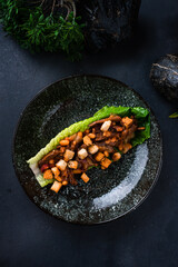 Beef goulash with beans, cucumbers, onions and croutons in a lettuce leaf on dark background.
