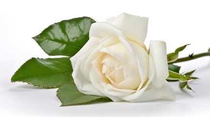 white rose with leaf isolated on white background - obrazy, fototapety, plakaty